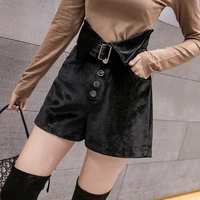 qoerlin irregular waist belted shorts korean fashion velvet high waist single breasted side pocket shorts 2022 new autumn winter