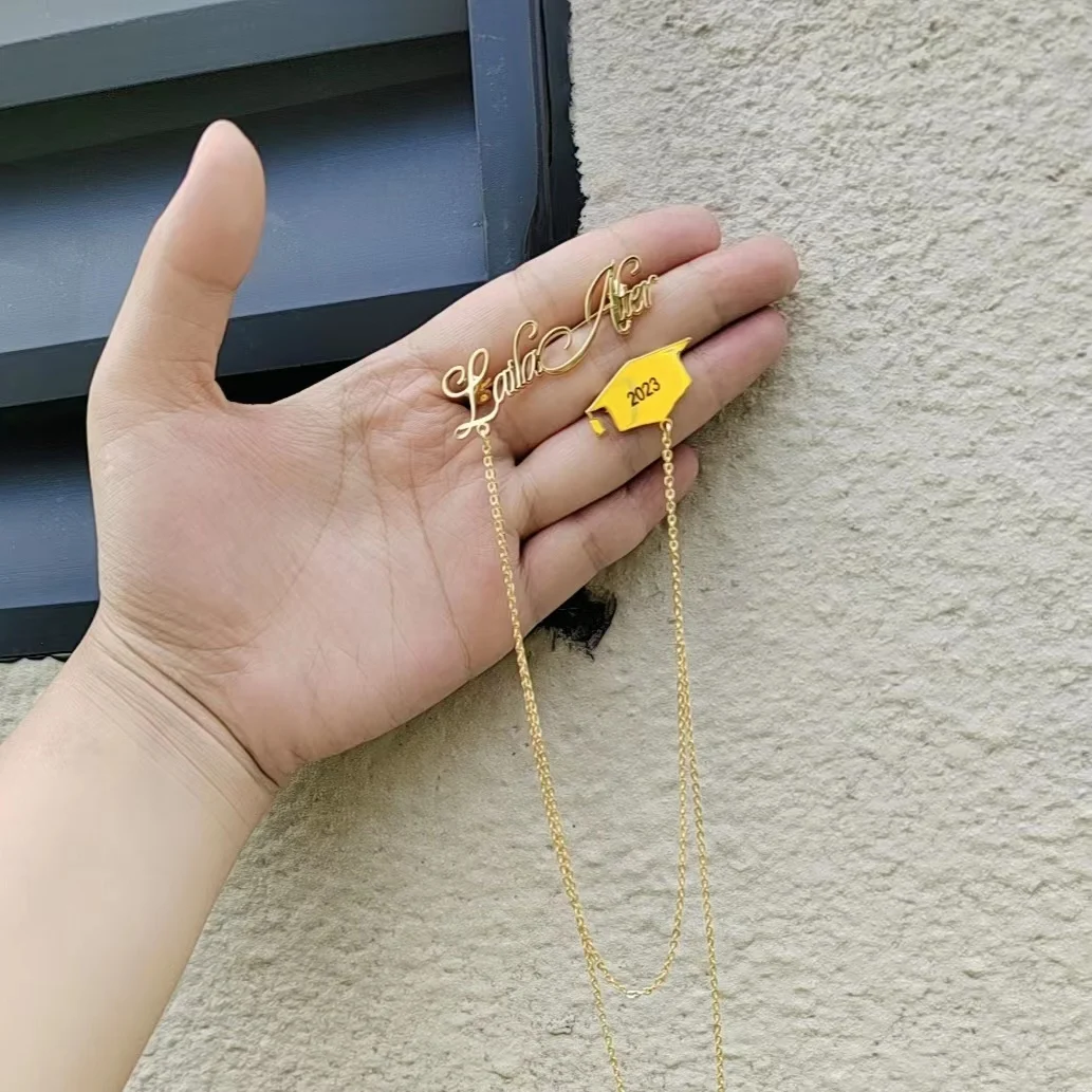 HIBODY Name Custom Graduation Season Brooch Stainless Steel Material Waterproof Crossing 18k Gold Doctor Hat Brooch