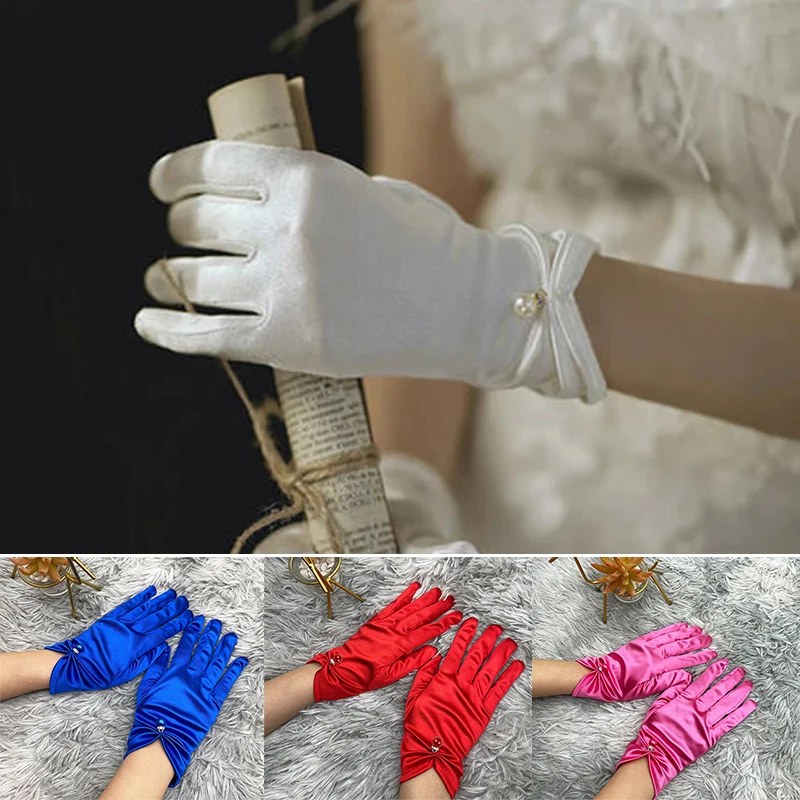 

Women Satin Full Finger Gloves Wedding Party Dress Summer Thin Short Pearl Mitten Elegant Girl Cycling Driving Anti-UV Glove