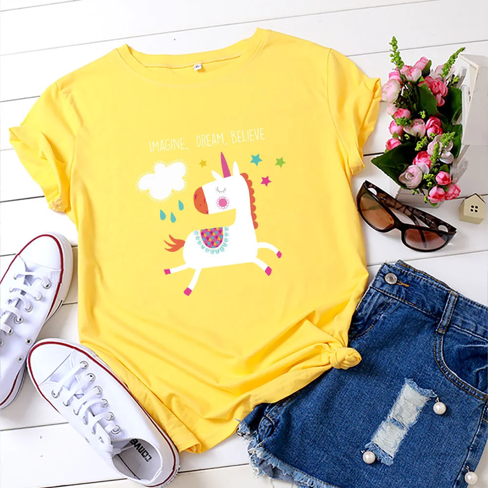 JFUNCY Women Summer Tops 100% Cotton Oversize Short Sleeve T-shirts Female Casual Tshirt Cartoon Cute Unicorn Print Lady Tees images - 6