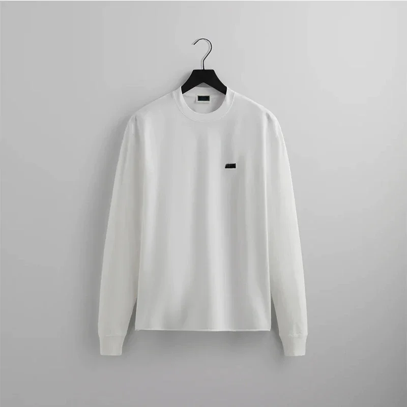 

BOX Flocking Small Logo Drop Shoulder Loose Round Neck Cotton Long Sleeve t shirt Korean Fashion Streetwear