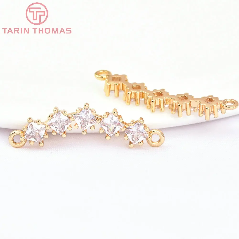 (2698) 2 шт. 26x7 мм 24-каратное золото латунь с цирконом цветок соединитель подвески