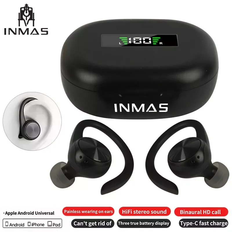 

NEW2023 INMAS Sports Bluetooth Wireless Headphones IPX5 Waterproof Ear Hooks Earphones TWS HiFi Stereo Music Earbuds Airdots Wit