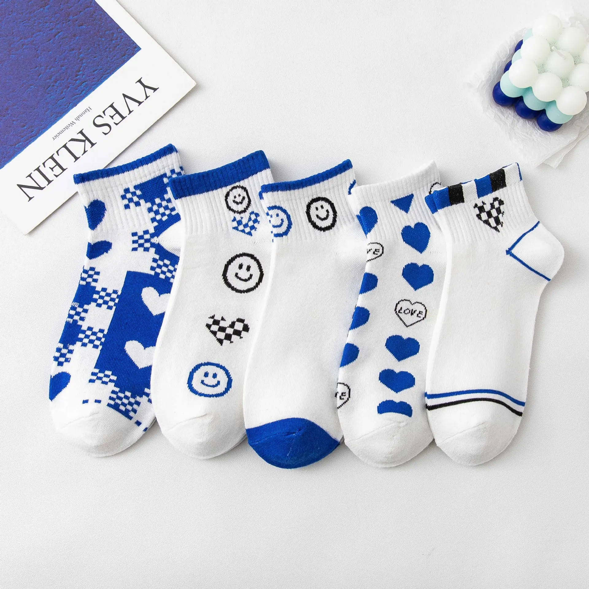 

Women's Socks Cute Love Heart Print Plaid Smiley Cotton Harajuku Girl Female White Blue Kawaii Women Sock Calcetines Mujer Meias