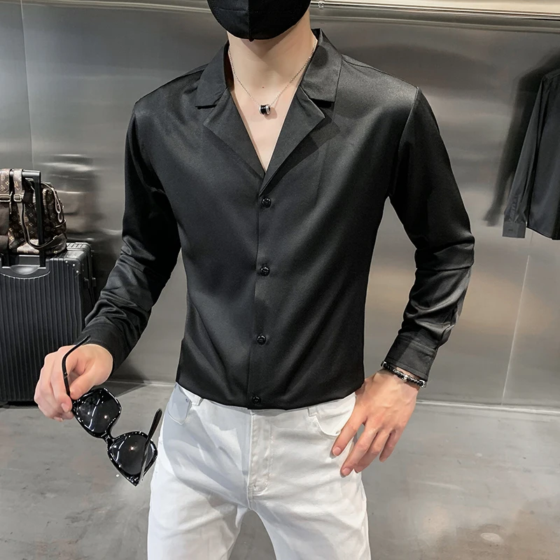 High Quality Solid Color Shirts for Men Long Sleeve Slim Casual Shirt Business Social Dress Shirt Show Party Tuxedo Man Clothing