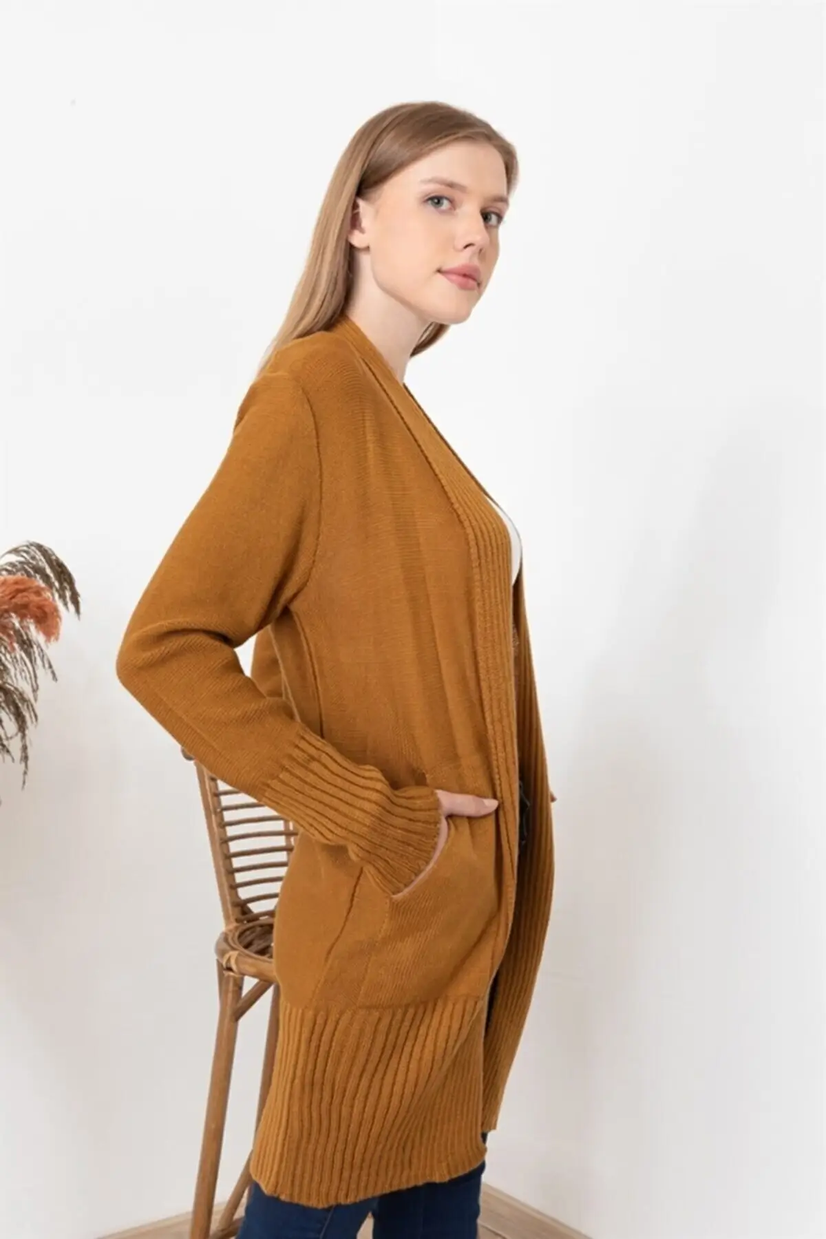 

Women's Cardigan Camel Stripe Tape Wide Cuff Open Front Casual Knitted Quality Fashion Sweaters Loose Jumper