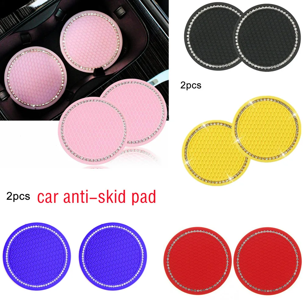

2pcs Non-slip Car Water Cup Pad Diamond Rhinestone Rubber Mat For Bottle Holder Coaster Auto Interior Anti-skid Cup Holders 7cm