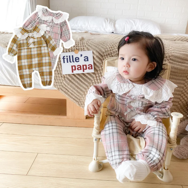 Spring & Autumn Newborn Baby Clothes Newborn Photography Romper Cotton Plaid Peter Pan Collar Baby Girl Romper Baby Girl Clothes