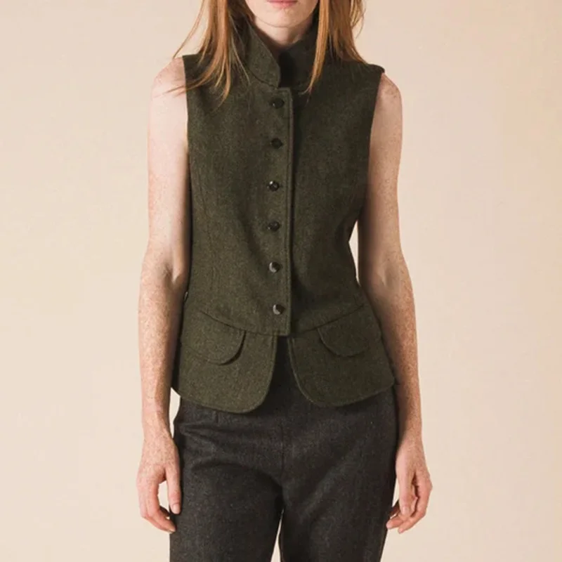 

Woman’s Vest Army Green Herringbone Wool Tweed Stand Collar Business Waistcoat for Woman Elegant Office Formal Work Wear 2022