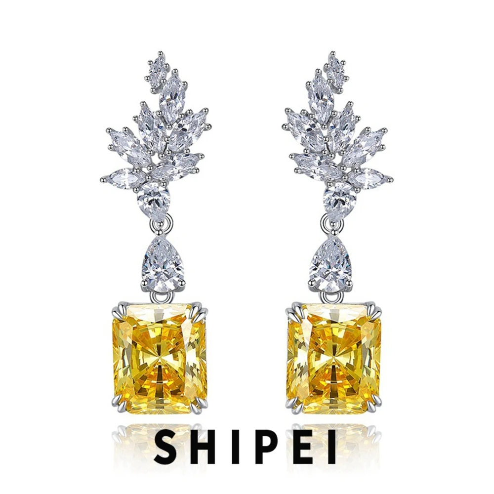 SHIPEI Luxury Solid 925 Sterling Silver 7CT Citrine White Sapphire Gemstone Dangle Earrings Wedding Engagement Fine Jewelry Gift
