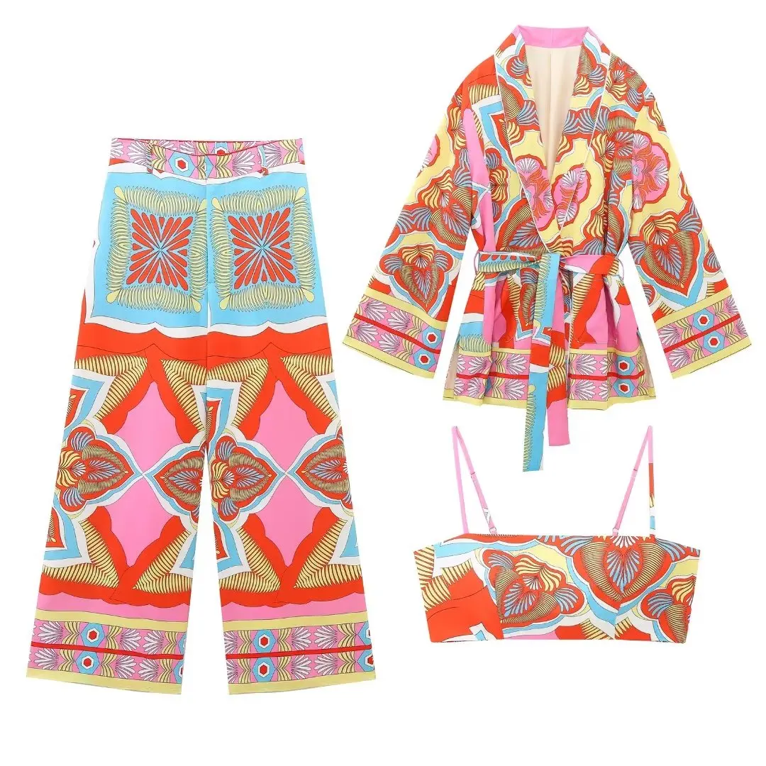 

Women 2023 spring Fashion Kimono style Coat Vintage Long Sleeve Belt ornament Female Outerwear Chic Tops