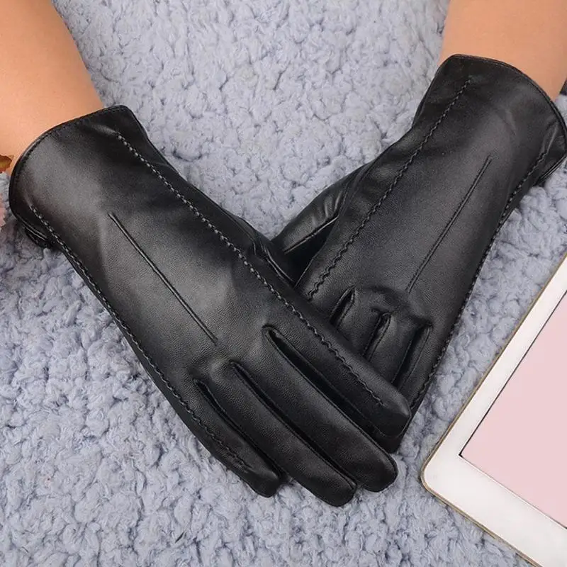 

Новые женские перчатки, черные зимние варежки, сохраняющие тепло перчатки из искусственной кожи для экрана, зимние ветрозащитные осенние д...