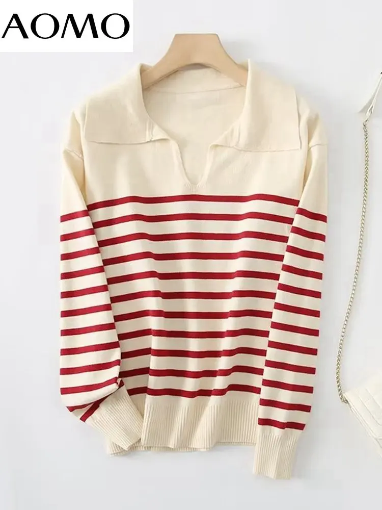

AOMO Women Striped Turn Down Collar Knitted Sweater Jumper Female Elegant Pullovers YU82A