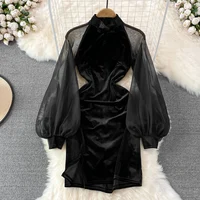 Autumn Elegant Black Dress for Women Mesh Patchwork Long Sleeve See Through Slim Velvet Midi Vestidos Vintage Female Cheongsam