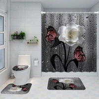 rose butterfly shower curtain sets with rugs blooming flowers bathroom decor bath rug and mats sets with hooks toilet seat cover