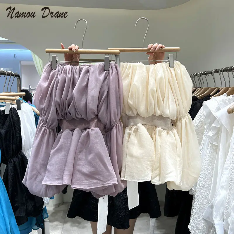 

Korean Dongdaemun Pleated Fashionable Sweet Lantern Sleeve off-Shoulder Mesh Long Sleeve Top for Women 2022 Spring New