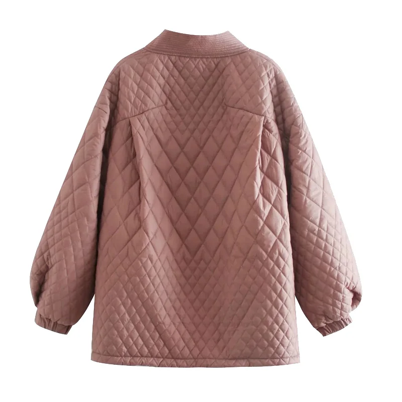 Women 2021 Fashion Oversized Vintage Parkas Argyle Jacket Padded Coat Long Sleeve Pockets Loose Outerwear Chic Tops Black White