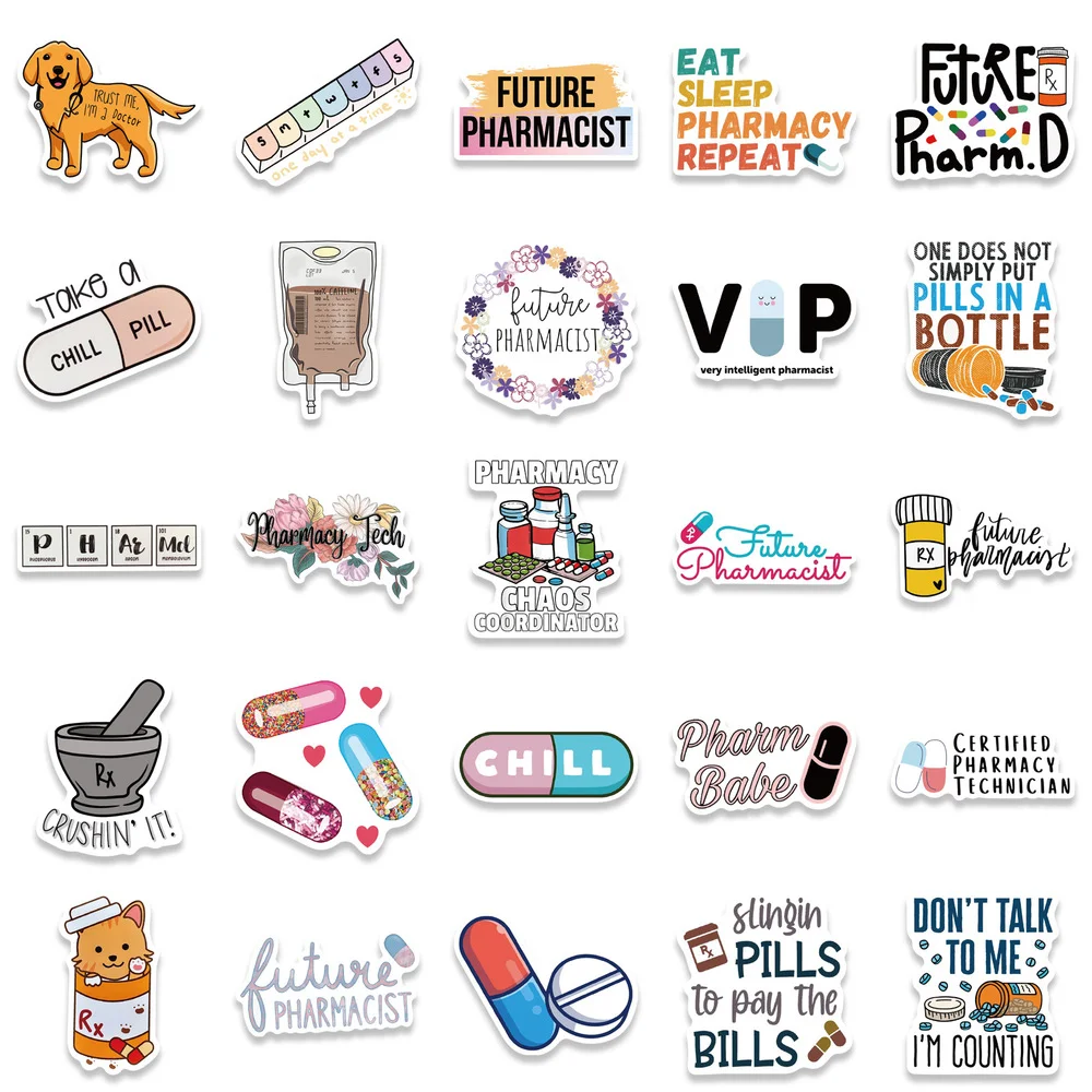 

10/50pcs Pharmacist Stickers Cartoon Potion Pharmacy Decal for Refrigerator Car Helmet DIY Gift Box Bicycle Notebook Skate Trunk