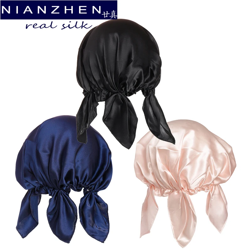 

NIANZHEN Real Silk 3 Pack Night Sleep Cap Silk Cap for Sleeping Women Flounced Brand Solid Elegant Hair Care Accessories 12034