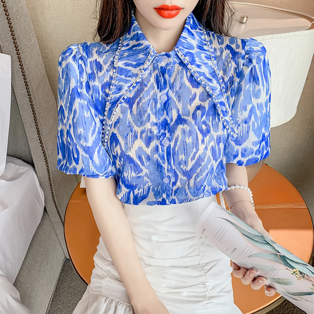 

2022 Summer Women's Clothing French Fashion Vintage Beaded Jacquard Long-Sleeved Blouse Women's All-Match Loose Bottoming Shirts