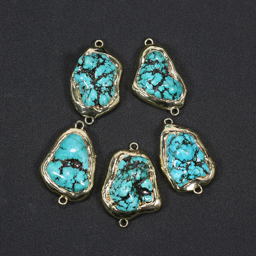 APDGG 5 Pcs Blue Turquoise Freeform Nugget Beads 14K Gold Plated Connector Real Stone For Jewelry Making DIY