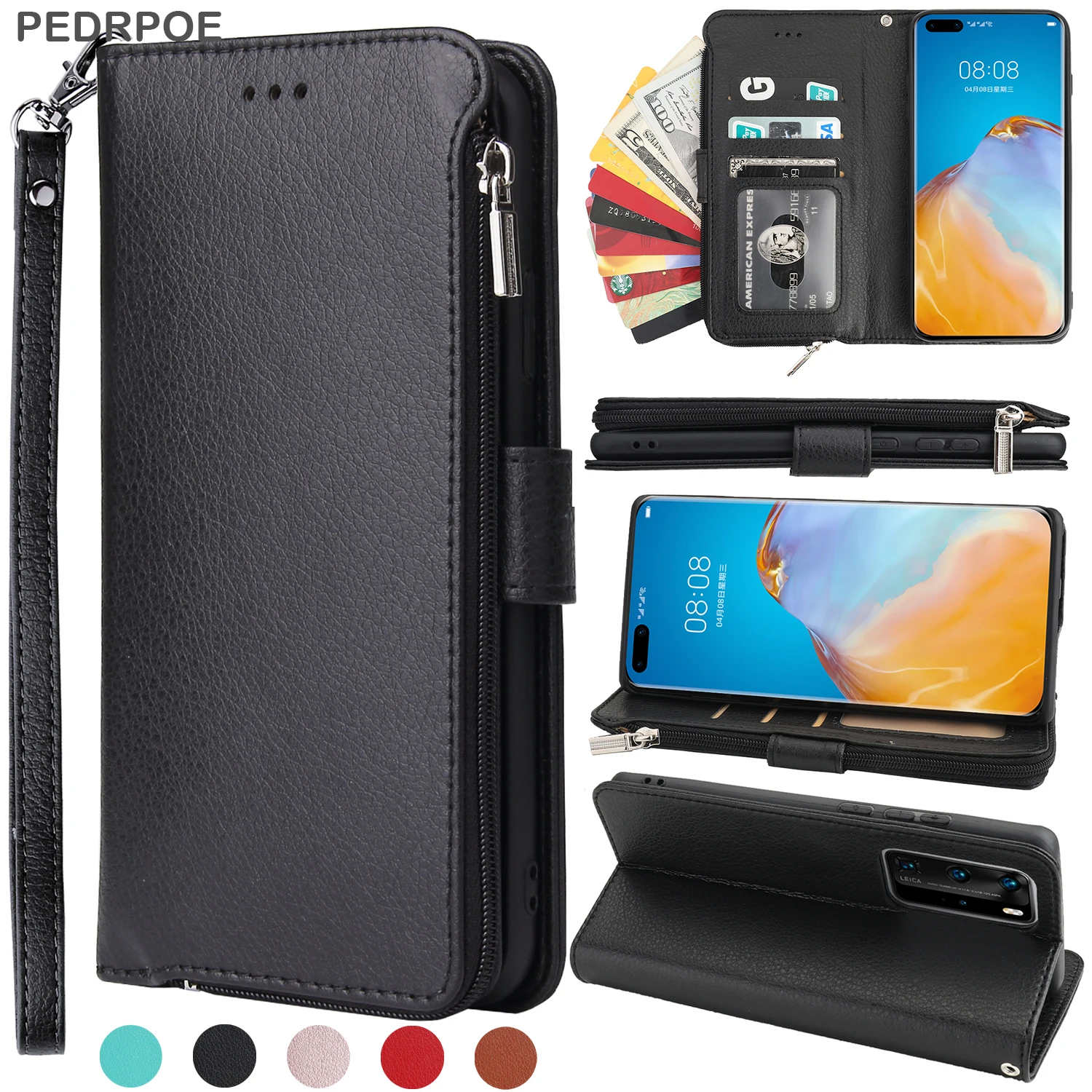 

Leather Flip Wallet Phone Cover For Huawei Mate 30 20 Pro Lite P40 Pro Plus P30Pro Luxury Zipper Card Bag Lanyard Protect Case