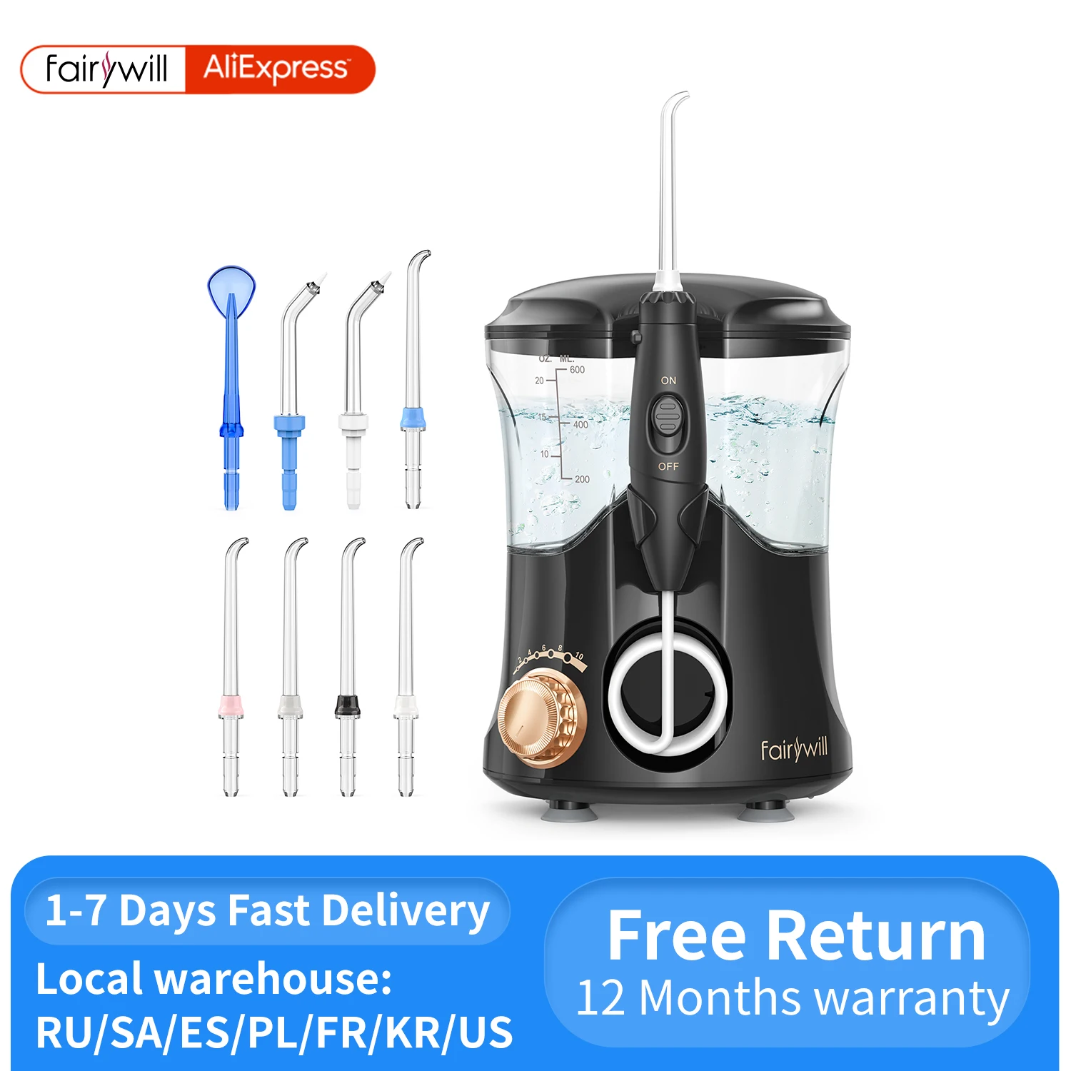 

Fairywill Oral Irrigator Water Flosser Dental Electric 600ML WaterTank 10 Levels 8 Jet Tips for Braces Teeth Cleaner For Family