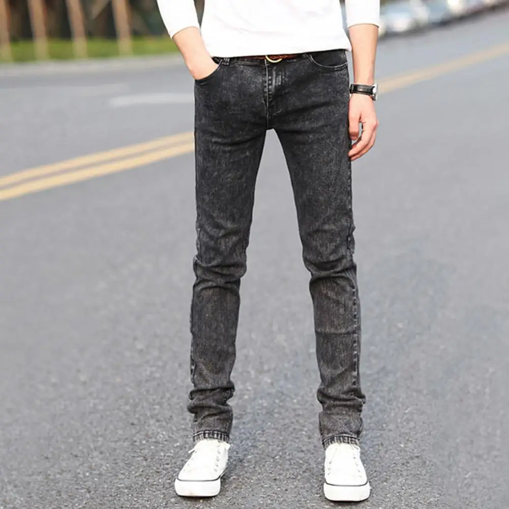 Simple Denim Trousers Pockets Ankle Length Slim Fit Pencil Denim Trousers  Skin-Touch Men Jeans Streetwear