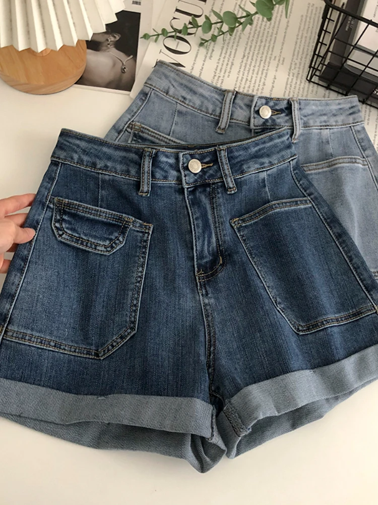 

FTLZZ New Summer High Waist Denim Shorts Women Fashion Buttons Pockets Wide Leg Shorts Lady Casual High Waist Jean Shorts