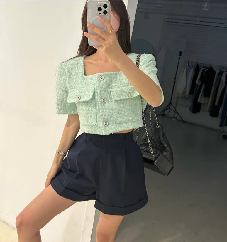 

Tweed short coat female summer new temperament small fragrance wind sweet everything single breasted thin short-sleeved top