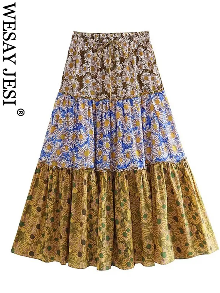 

TRAF Women Fashion Summer Pleated Long Skirts for Print High Waist Skirt Beach Midi Woman Skirts Streetwear Boho Skirt Female