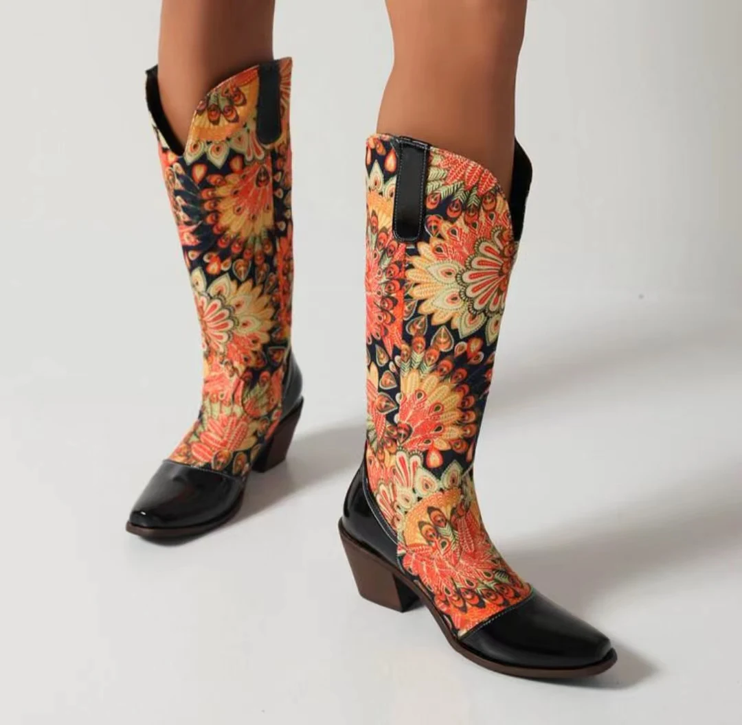 

2023 Natural Embroidered Women Mosaic Orange Printing Boots Pointed Toe Spike Heel Autumn Winter Cowboy New Western Retro Botas