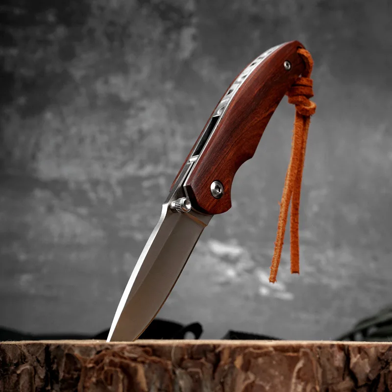 

High Quality Red Sandalwood Handle Outdoor Tactical Folding Knife Camping Safety Portable Pocket Backpack EDC Tool