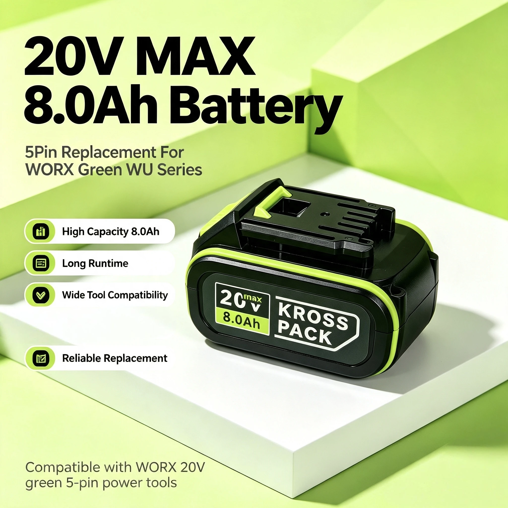 Фото Аккумулятор 20V MAX 5Pin KROSS PACK 8.0Ач для электроинструментов WORX 20V Green WU Series, литий-ионный, перезаряжаемый №1