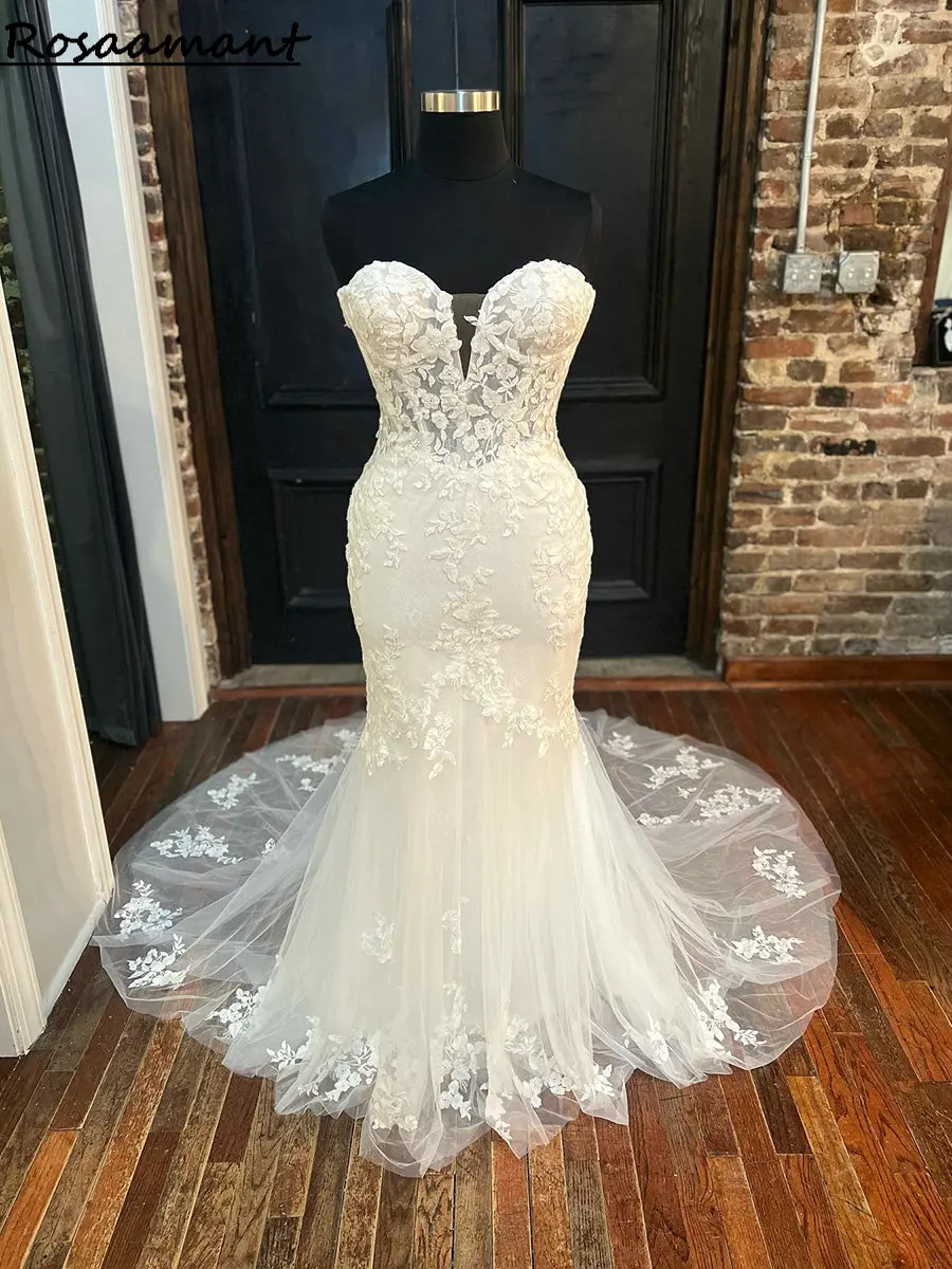 

Real Image Sweetheart Sleeveless Mermaid Wedding Dresses Illusion Appliques Lace Country Bridal Gowns