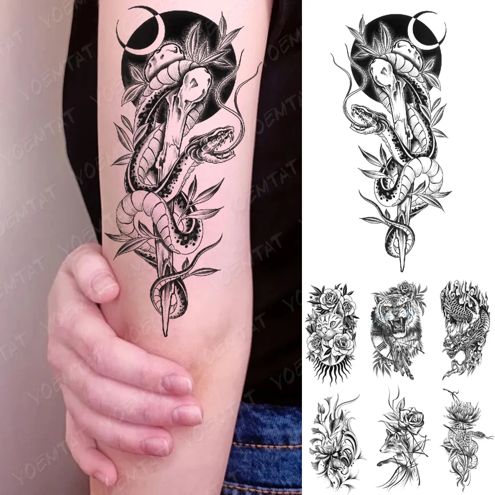 

Black Snake Cobra Waterproof Temporary Tattoos Sticker Moon Bone Dragon Flash Tatoo Women Arm Sleeve Fake Tattoo Body Art Men