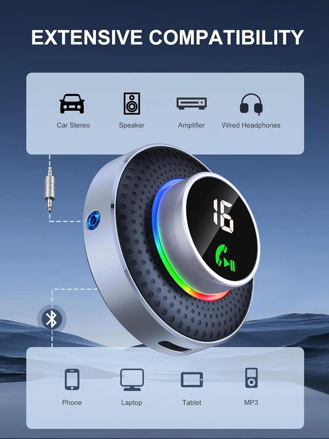 Приемник Bluetooth 5,3 с большой кнопкой, проекционный дисплей, адаптер AUX, стерео домашние наушники 3,5 мм, беспроводной приемник Siri, Бесконтактный сигнал (art.: 3920c8ff95e99) - 3920c8ff95e99