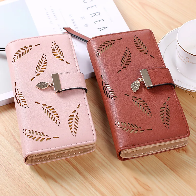 

Gold Leaves Wallet Long Pouch Wallet Card Hollow Holders Purse Women Purse Handbag 2019women Female Coin For