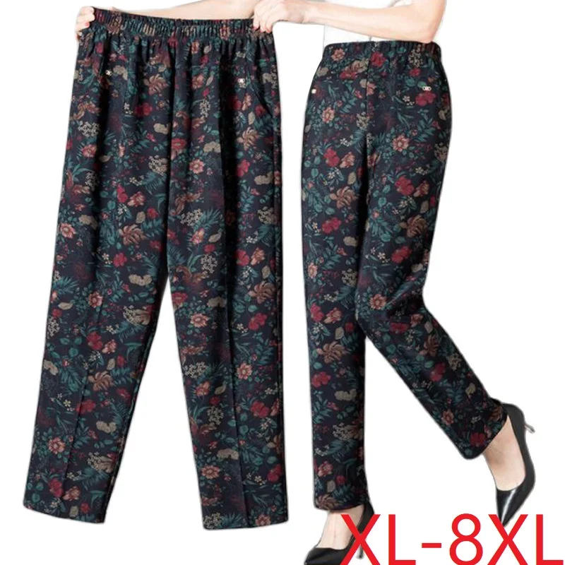 

8XL Middle-aged Women Trousers New Print Elasti High Waist Casual Pants Winter Velvet Warm Straight Pants Oversize Grandma Pants