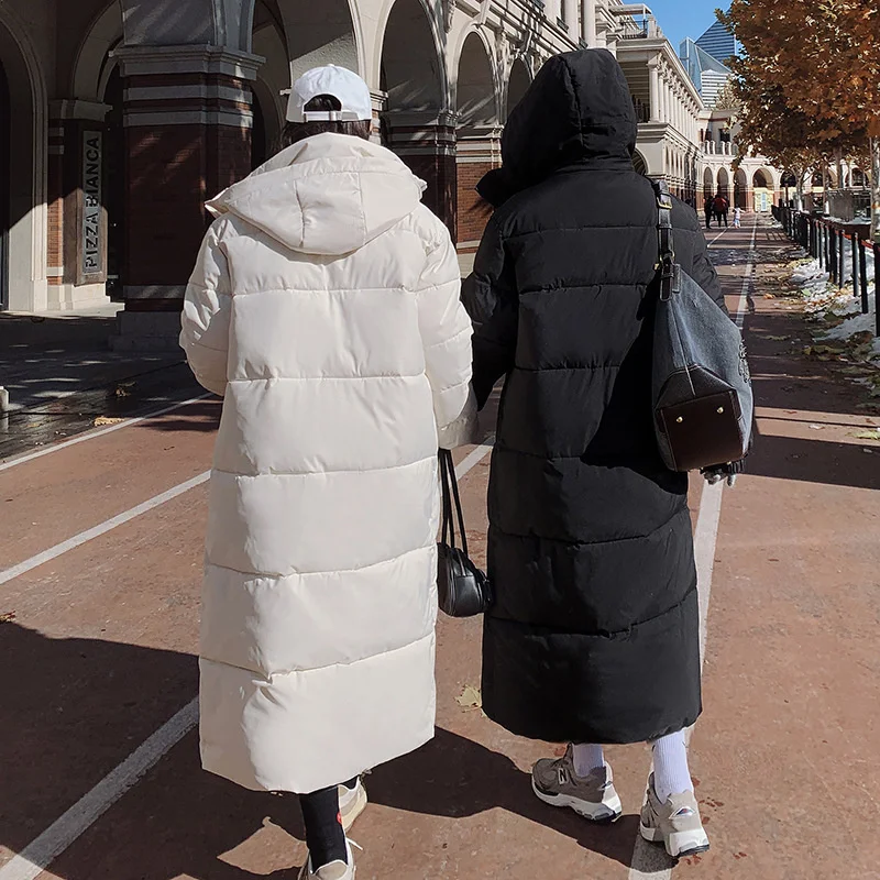 Korean version loose medium length knee down cotton padded jacket for women 2022 winter new hooded thickened