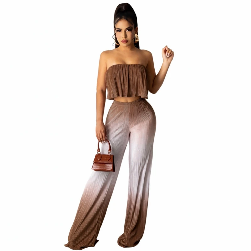 

2 Piece Women Set Dashiki African New Arrival Gradient Matching Sets Pleated Two Pieces Top And Pants Suits Outfits Clothing