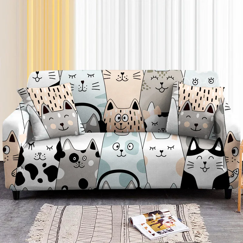 Cute Animal Print Sofa Covers for Living Room Dog Cat Printed Couch Cover 1/2/3/4 Seater Sectional Sofa Slipcover Fundas Sofa