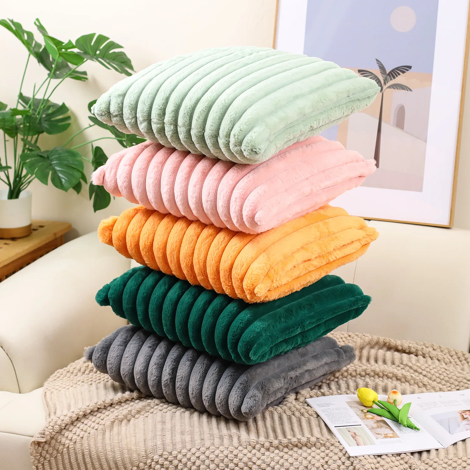 Зимняя плюшевая наволочка в большую полоску для гостиной простой диван теплая