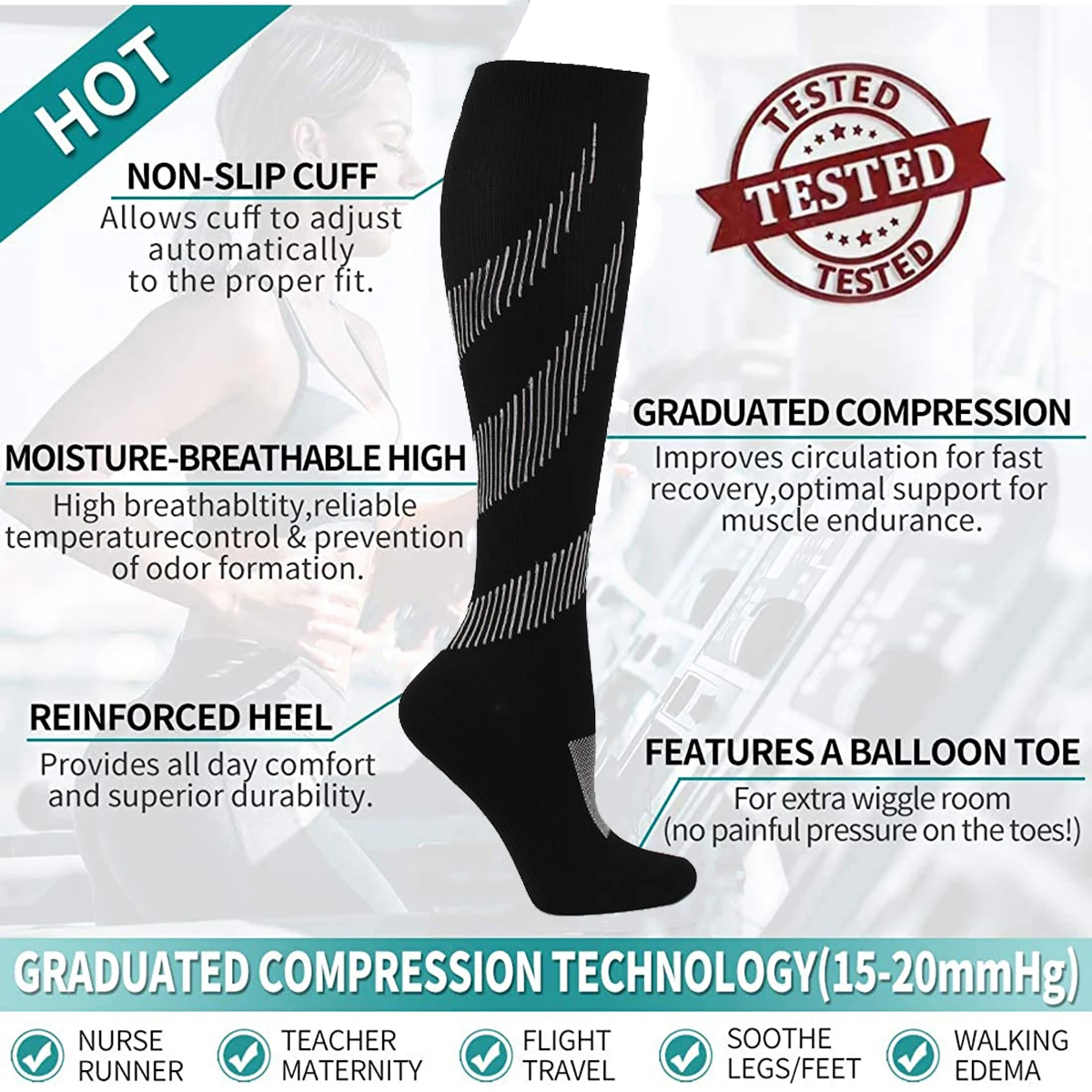 6 Pairs Compression Socks for Women Men Knee High Running Stocking 15-20 mmHg Nurse Medical and Travel Athletic Sports Socks