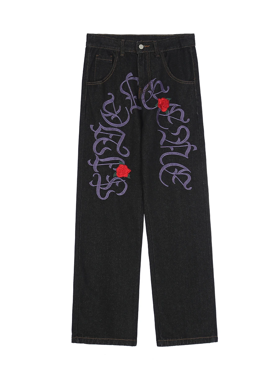 Y2K Men's Jeans European Style with Street Rose Embroidery Hip Hop Straight Loose Trousers Ins Hot Sale - Four Seasons