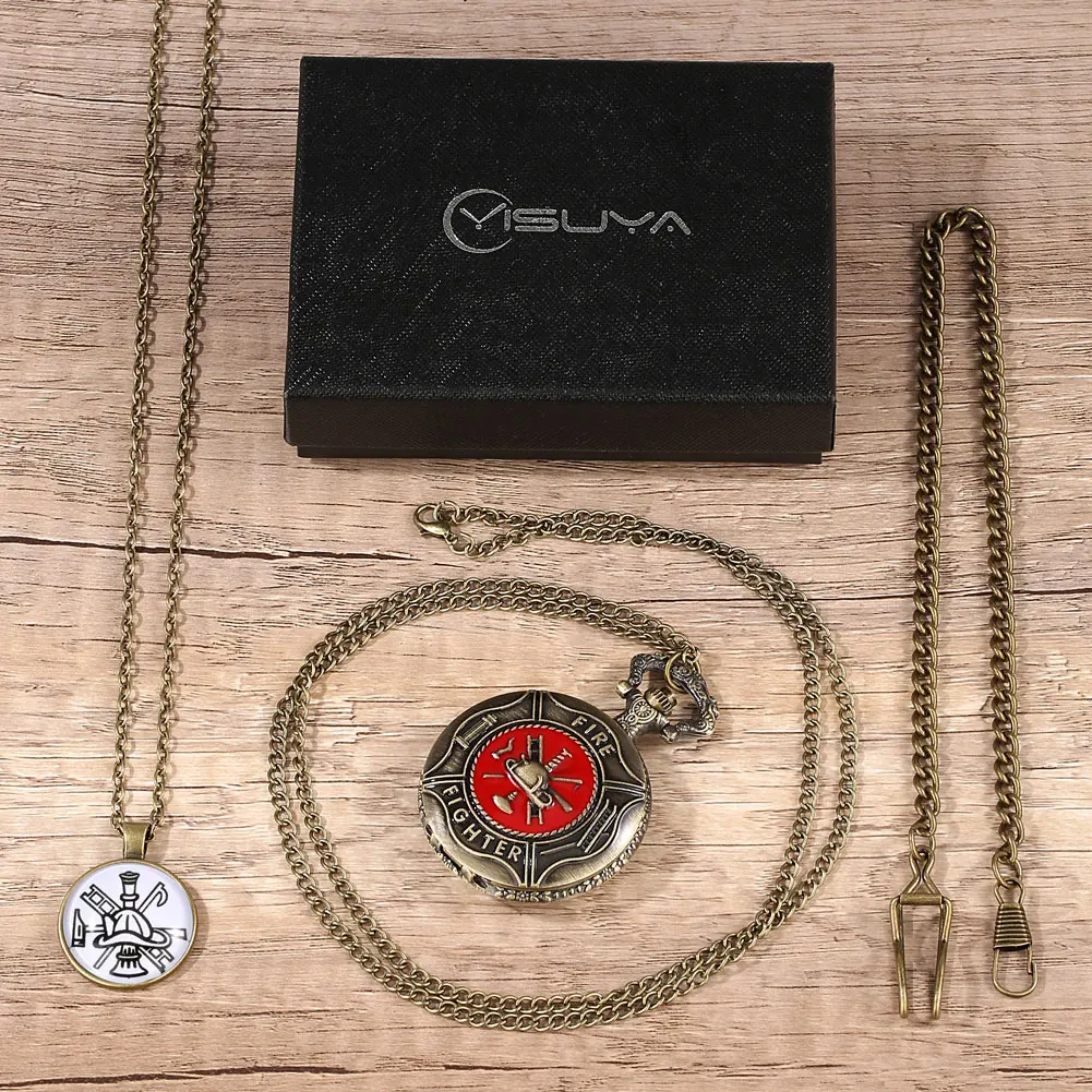 

Карманные часы Fireman в стиле стимпанк, бронзовые Кварцевые часы с подвеской Fire Dept, ожерелье Fire Highter, подарочный набор, часы для мужчин Wo, мужские s