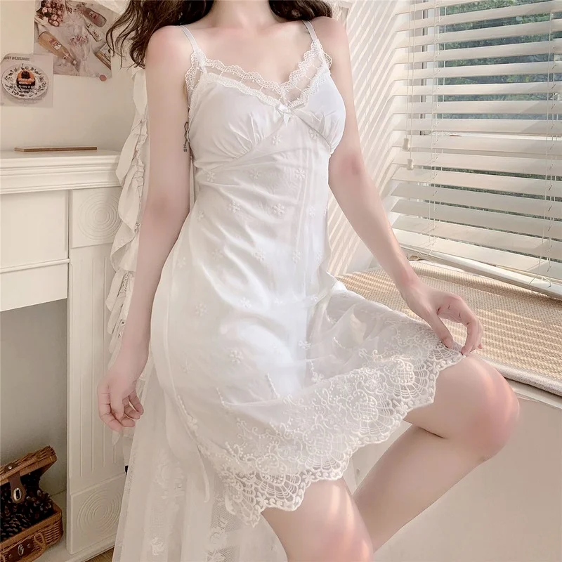 Qweek Women's Home Clothes Sleepdress Sexy Nightdress Nightgown Lace Sleepwear Nighty for Ladies Spaghetti Strap Summer