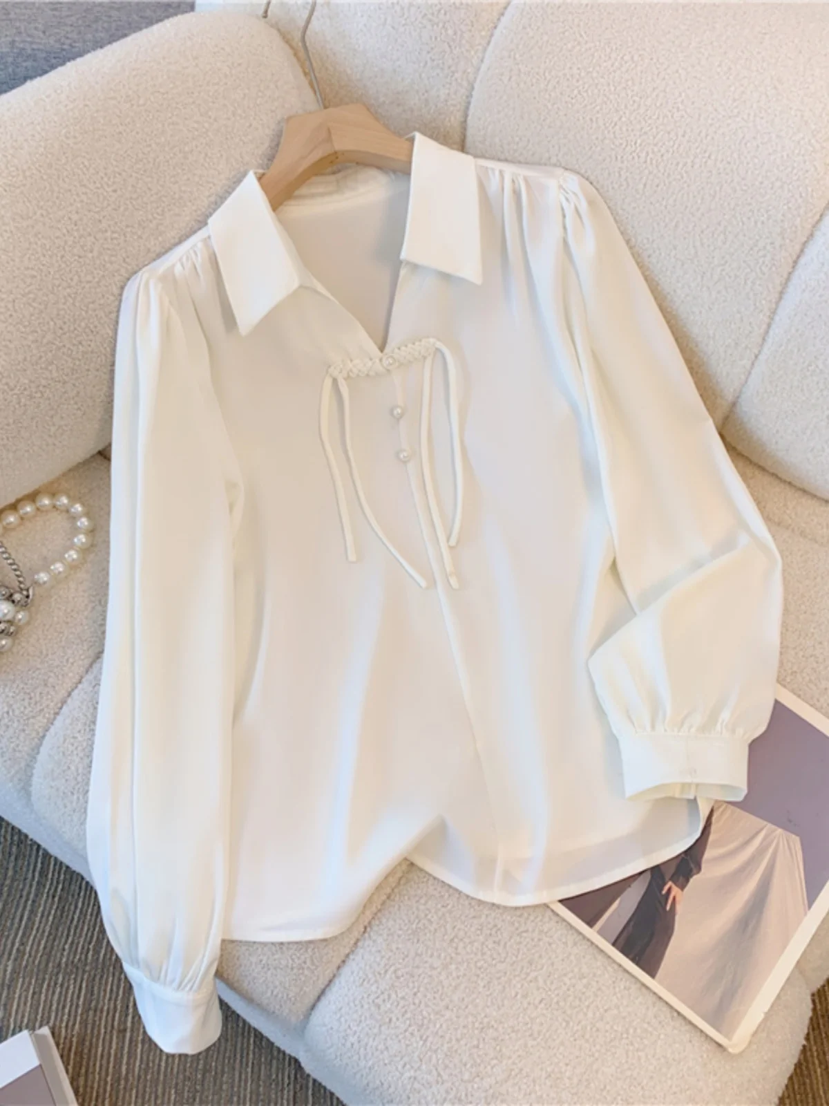 Новые китайские рубашки с v-образным вырезом в национальном стиле белые длинными