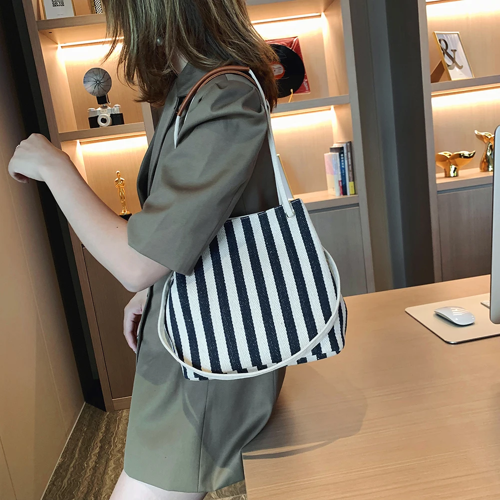 

Полосатая Холщовая Сумка через плечо, модная вместительная портативная классическая женская сумочка-мешок для покупок через плечо, тоут