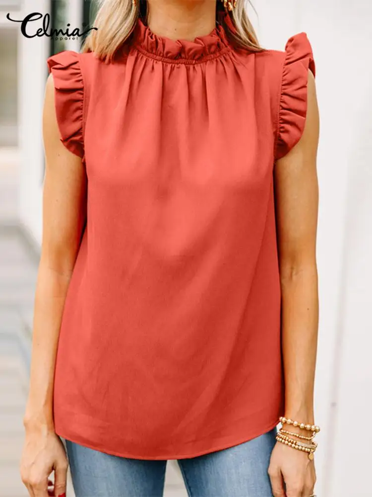 

Celmia Fashion 2022 Women Solid Blouse Street Blusas Summer Elegant Agaric Ruffle Tank Tops Casual O Neck Pleats Stitching Shirt